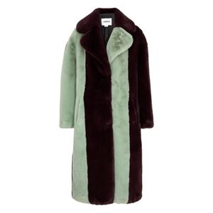 Jakke Katie Striped Faux‎ Fur Long Coat Burgundy And Mint Stripe Msrp $799